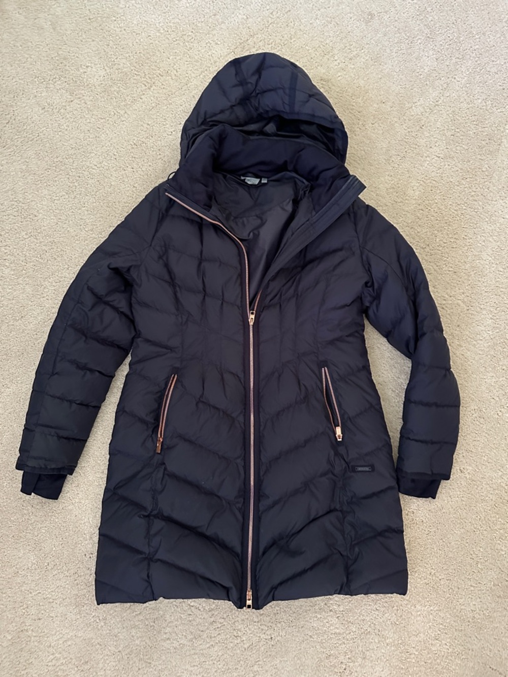 Athleta Black Hooded Quilted parka Coat with Rose Gold Zippers